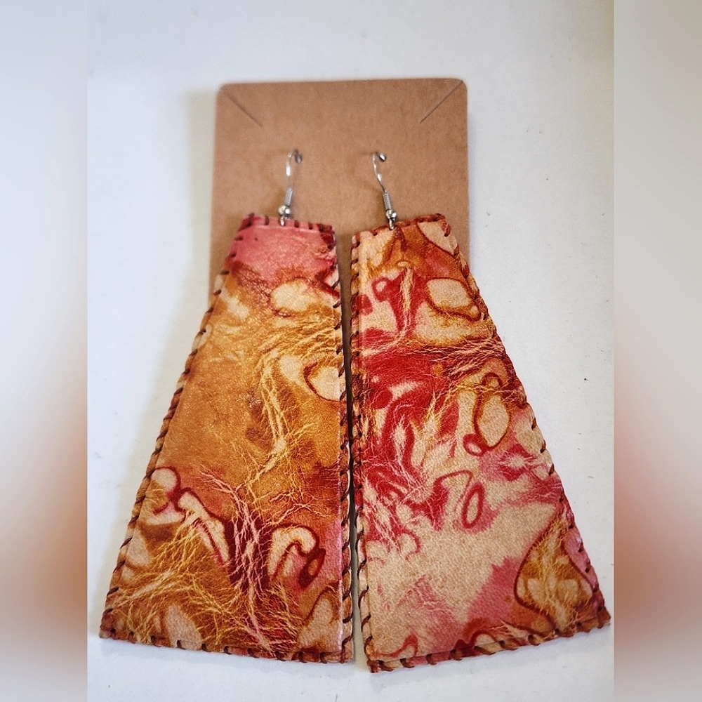 Artisan Red + Gold A Shape Marble Leather Handcrafted Hook Earrings